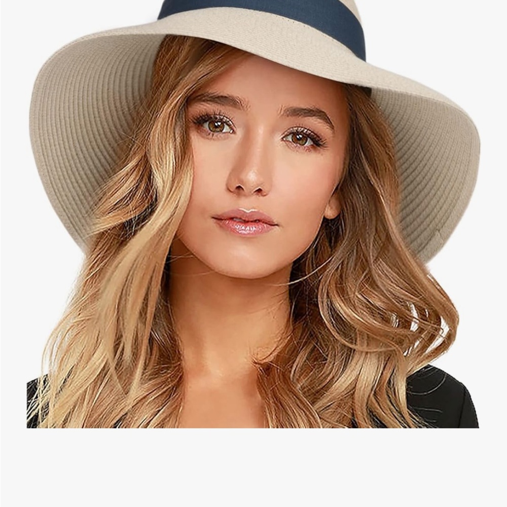 Chic Cream and Blue Wide-Brim Sun Hat